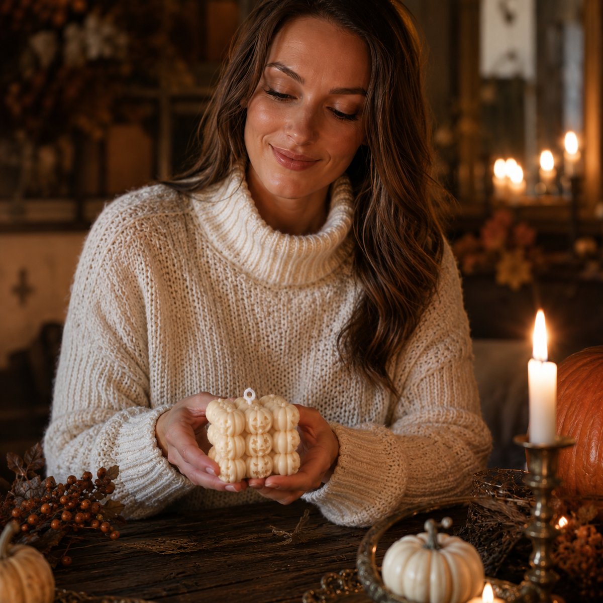 Kubisk Halloween-stearinlys i sojavoks med jack-o'-lantern-ansigter – nærbillede