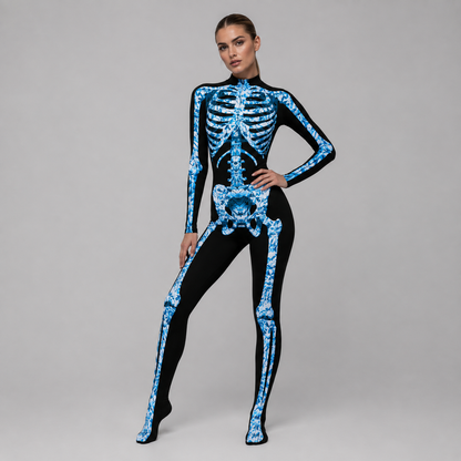 Skelet-jumpsuit med detaljeret knogletryk – forfra