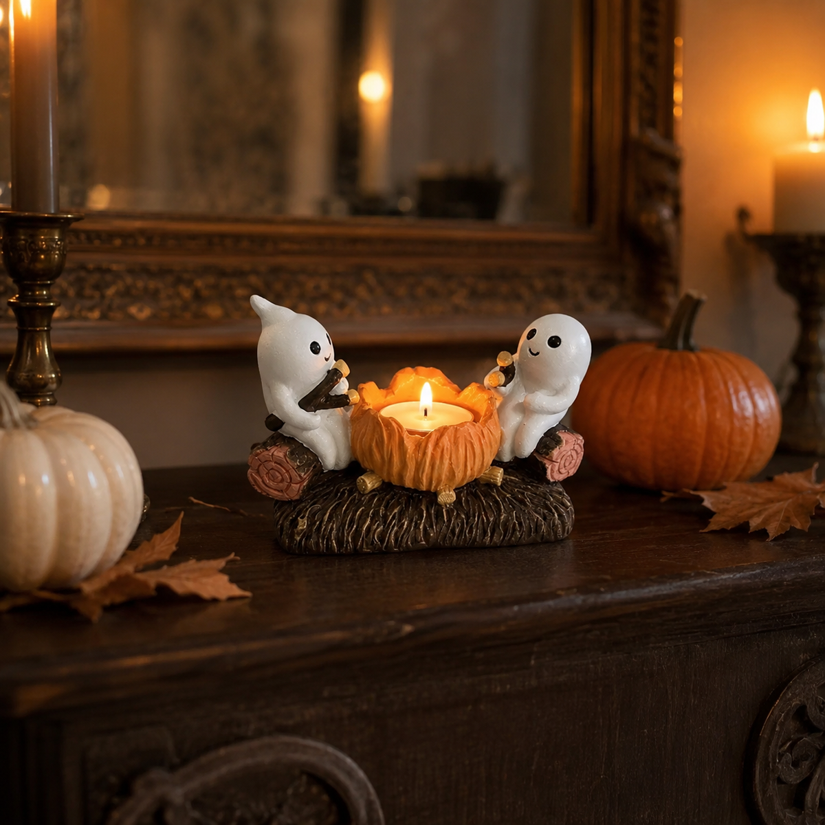 Halloween bordpynt: resin lysestage med spøgelser og lys