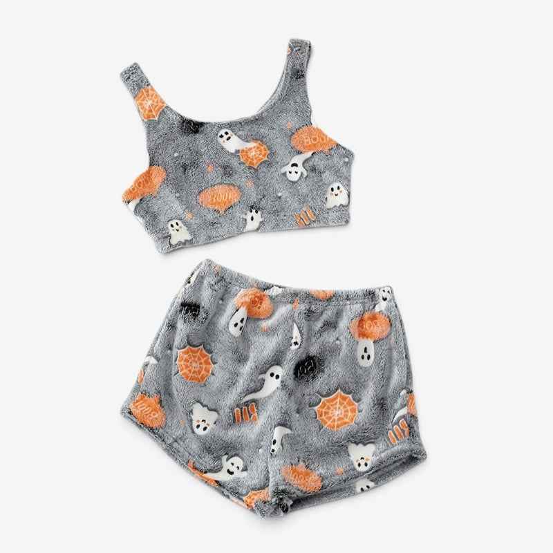 Halloween-pyjamassæt til kvinder med lysende spøgelsesmotiver i grå