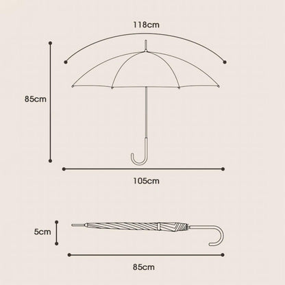 Åben lang paraply indendørs der viser den fulde 105 cm skærmdiameter