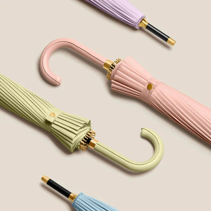 Lang dame paraply med læderhåndtag i elegant design