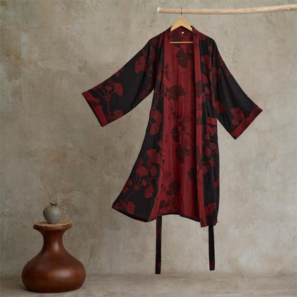 Kimono badekåbe i bomuld med ginkgo-print – forside