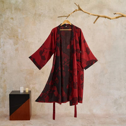 Kimono badekåbe med ginkgo-print – farvekombination grøn og gul