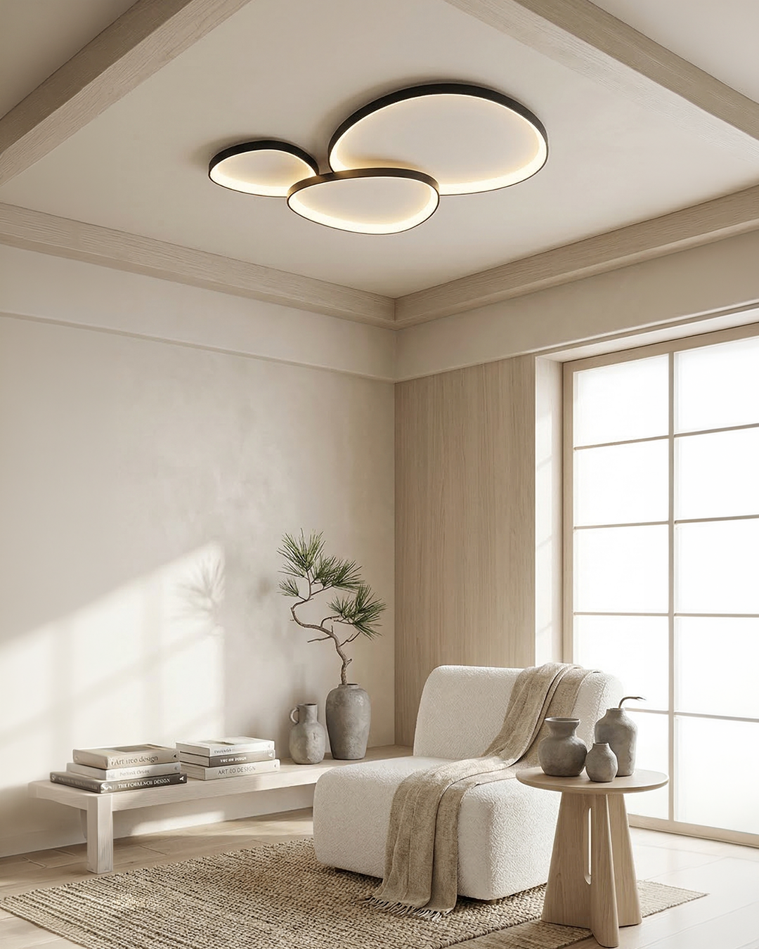 Hvid loftlampe L90 cm x B60 cm i åbent opholdsrum