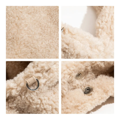 Lille crossbody taske i fluffy plys – detalje af lukning