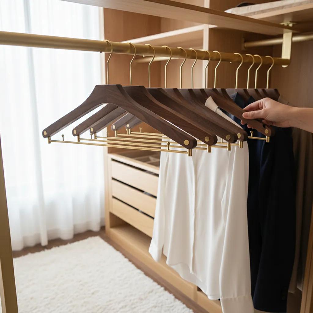 Træbøjler i Valnød – Elegant og Robust Opbevaring til Tøj og Tilbehør | Perfekt til Garderobe og Butik 2