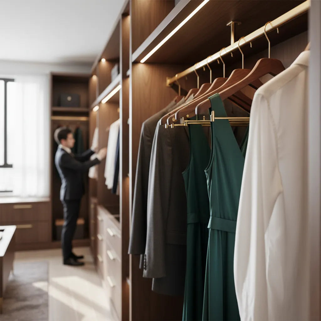 Træbøjler i Valnød – Elegant og Robust Opbevaring til Tøj og Tilbehør | Perfekt til Garderobe og Butik 3