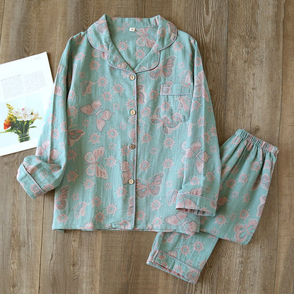 Vintage sommerfugleprint loungesæt i bomuld – blå – størrelse XL