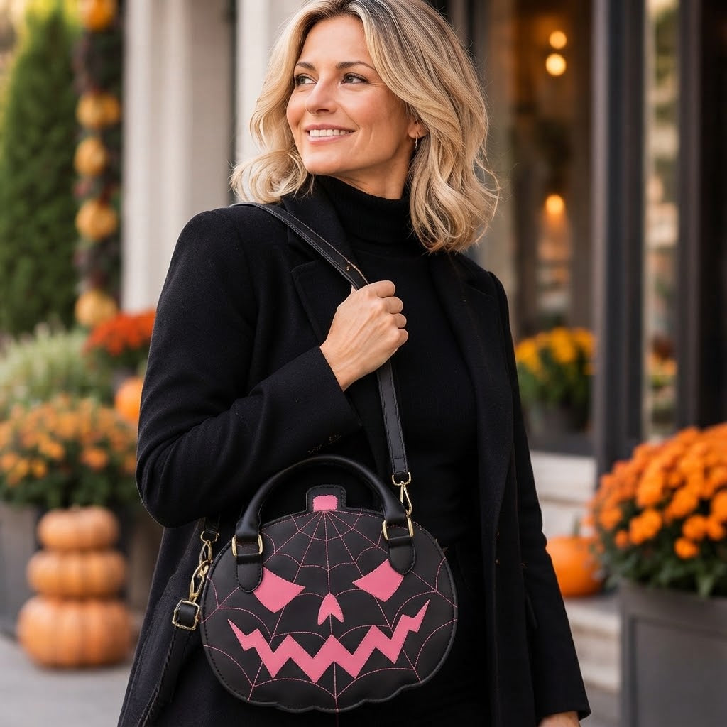 Halloween taske i sort og pink vegansk læder