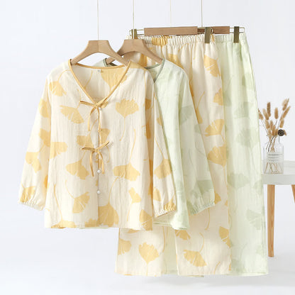 Loungewear sæt i bomuld med ginkgo-bladmønster og sløjfe – gul