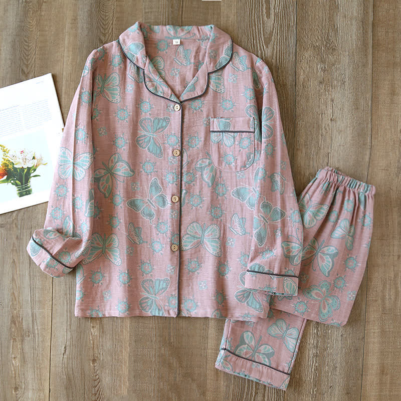 Vintage sommerfugleprint loungesæt i bomuld – rosa – størrelse XL