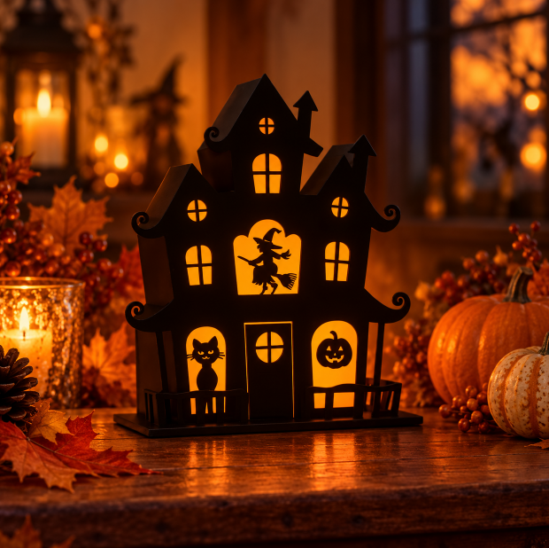Detaljeret 3D Halloween spøgelseshus med lysende vinduer og LED-lys