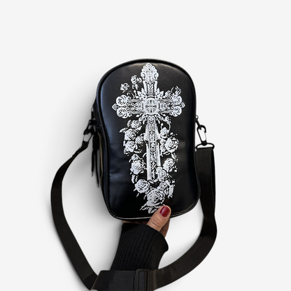 Halloween skuldertaske i sort med kors-motiv og græskarprint