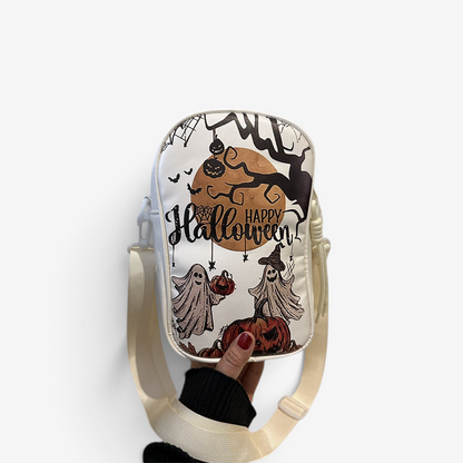 Halloween skuldertaske med græskarprint i hvid PU-læder