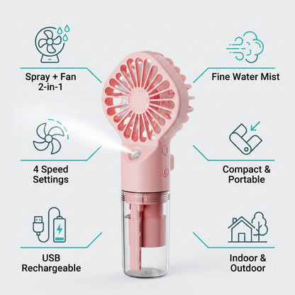 Funktioner: spray + ventilator, 4 hastighedstrin, USB-opladning
