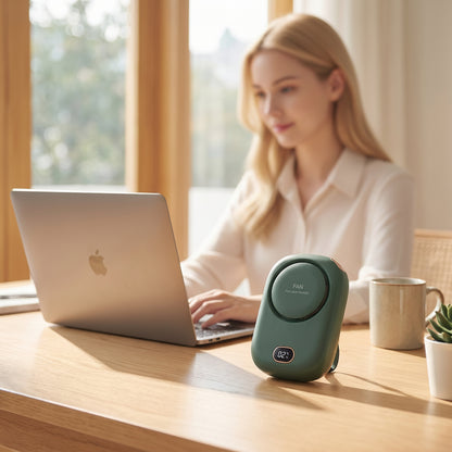 Halsventilator placeret på skrivebord som bordventilator