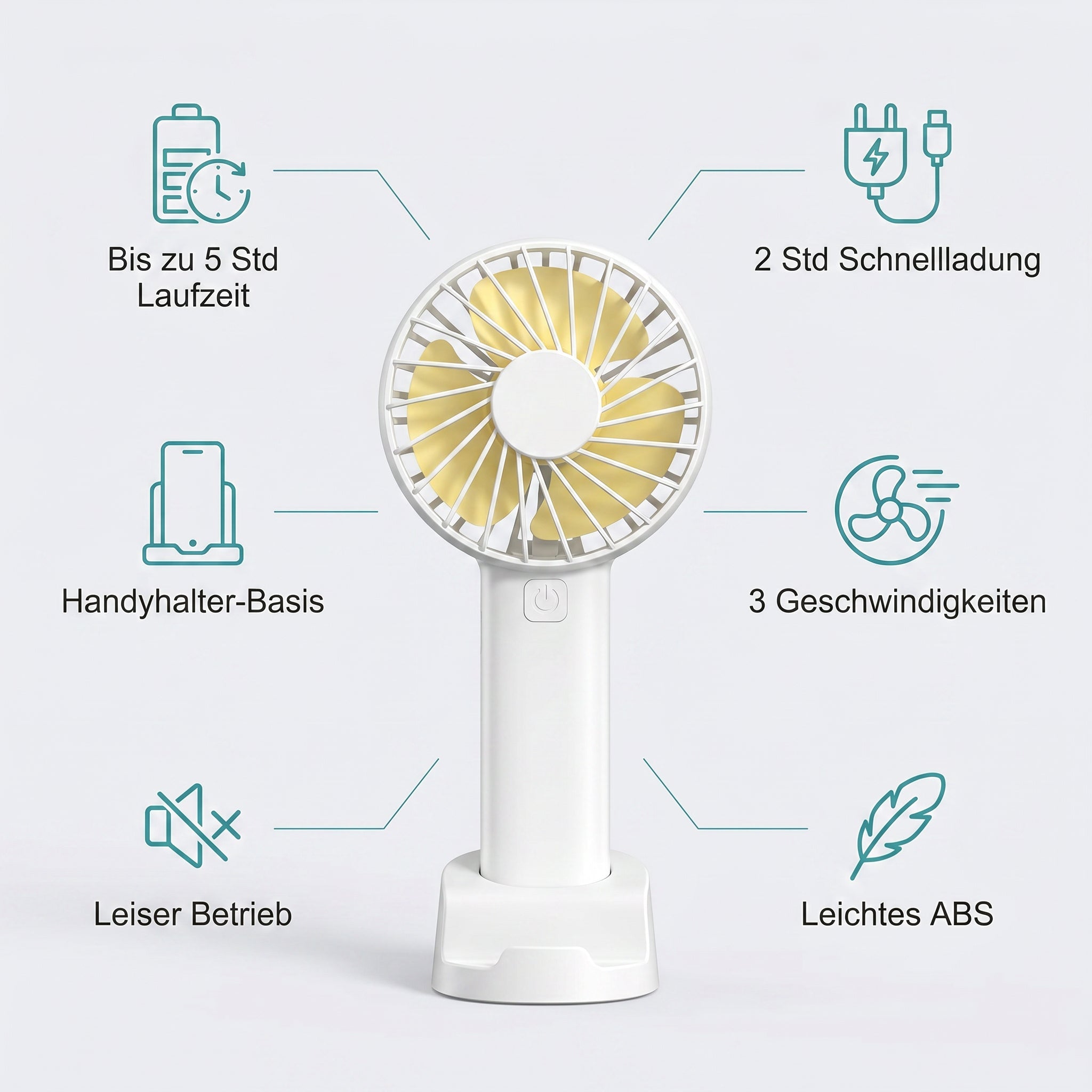 Funktionsoversigt: USB-håndventilator med 5 timers batteritid, telefonholder og 3 hastigheder