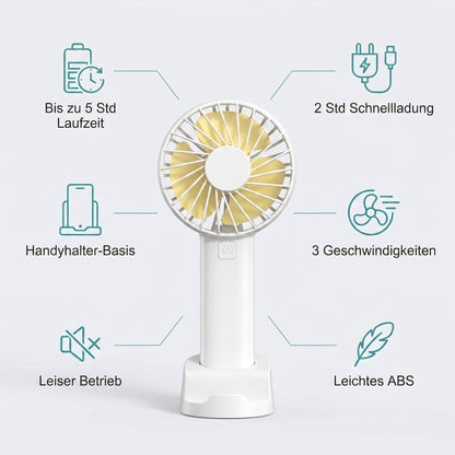 Funktionsoversigt: USB-håndventilator med 5 timers batteritid, telefonholder og 3 hastigheder