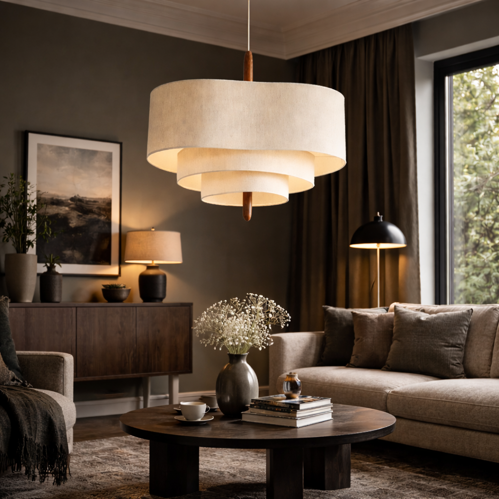 Loftlampe i stof og træ set nedefra med jævn lysspredning
