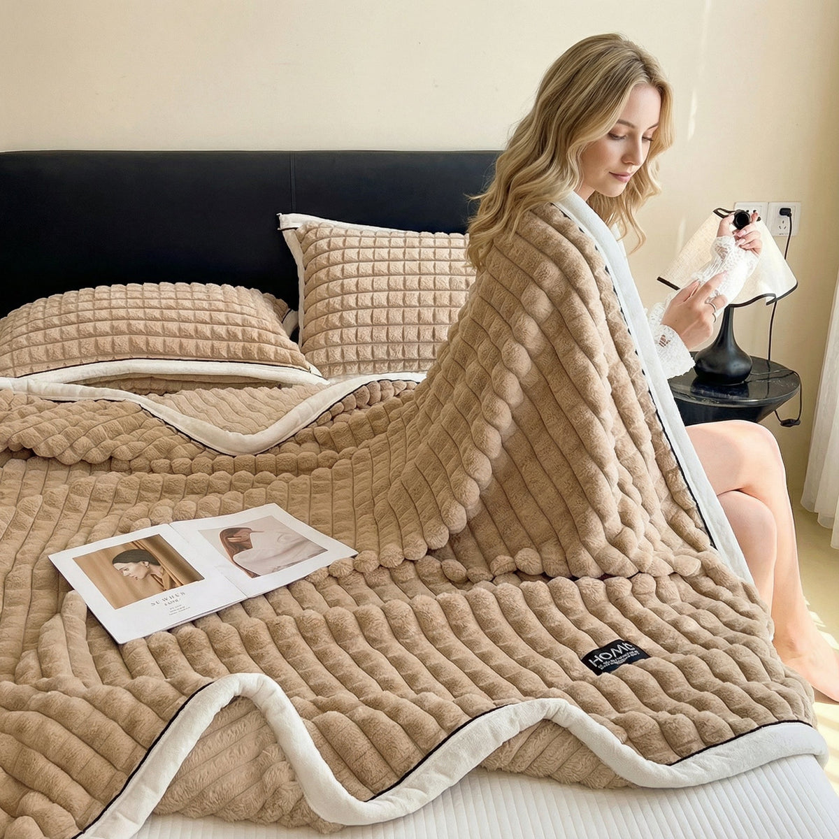 Tæppe til sofa i blød fleece – detalje af stribet mønster